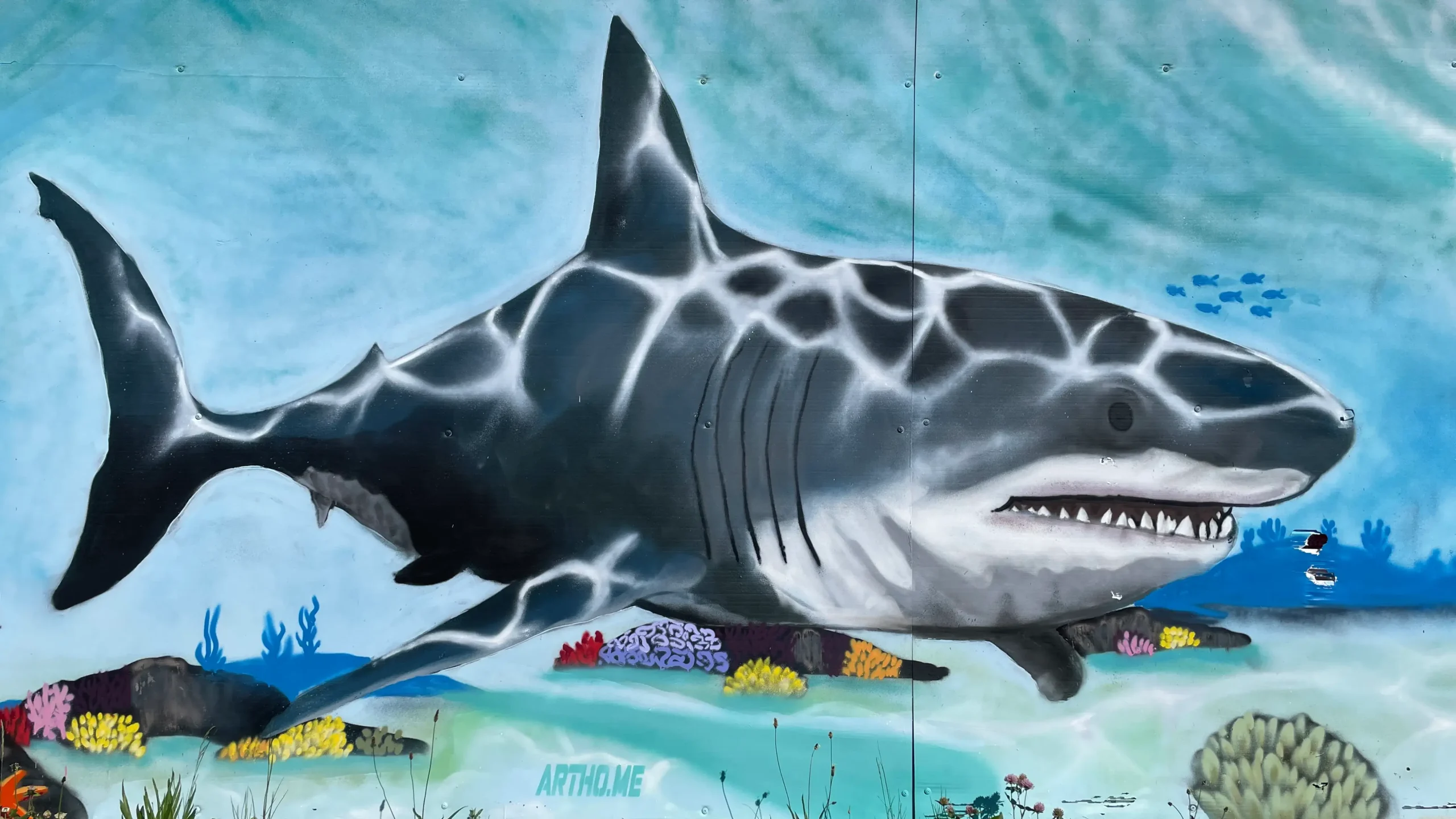 Unterwasserwelt Graffiti mit Korallen und Haifisch by Swiss Graffiti Artist Patrick Artho, Zürich